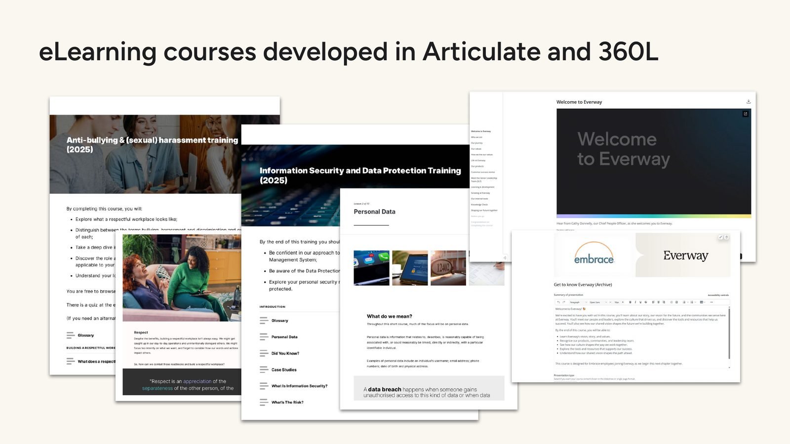 Collage of eLearning courses: anti-harassment training, information security training, and a Welcome to Everway onboarding course