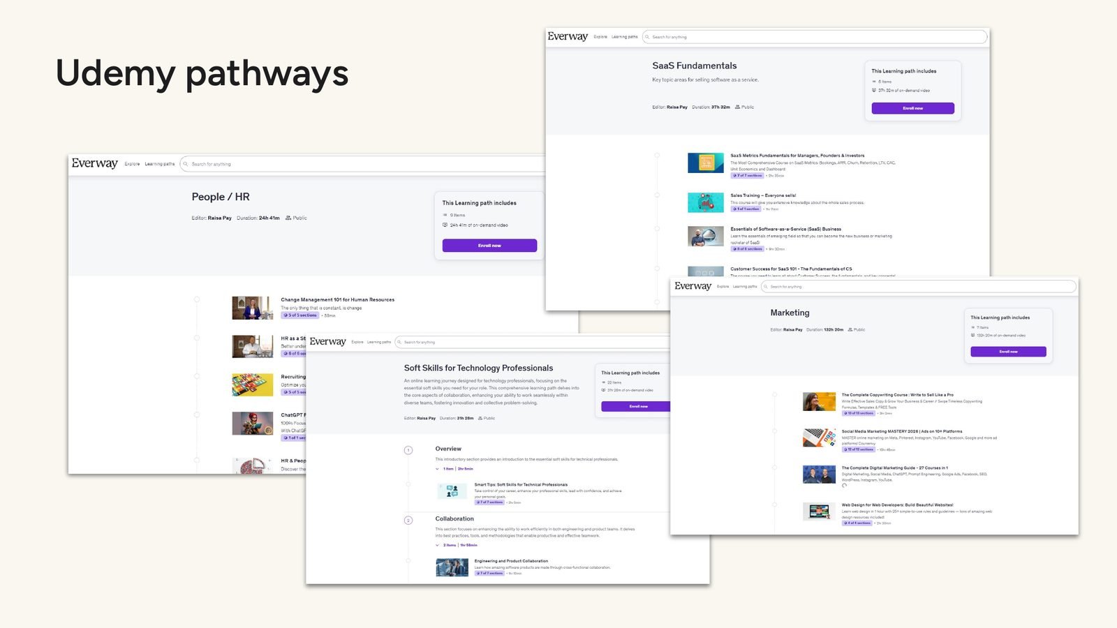 Udemy learning paths for People and HR, SaaS Fundamentals, Soft Skills for Technology Professionals, and Marketing